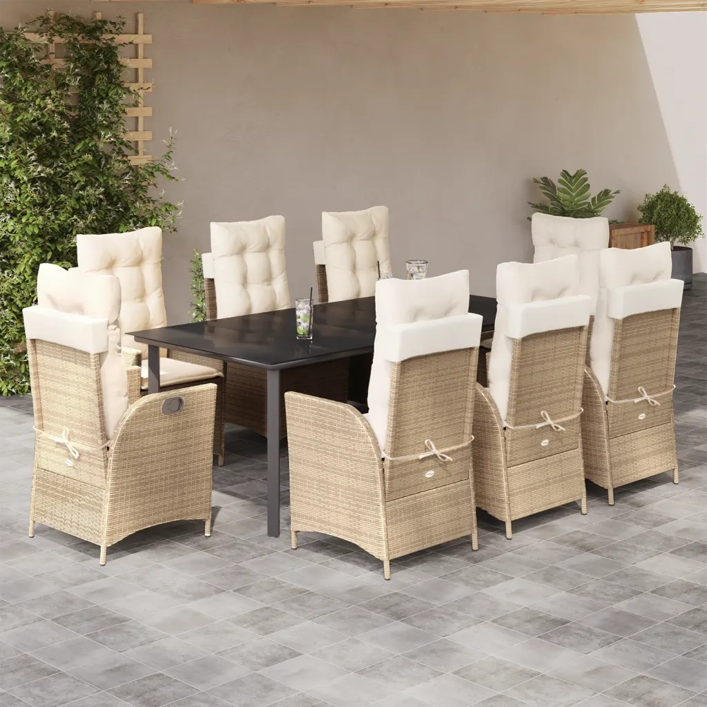 Set da Pranzo da Giardino 9 pz con Cuscini Beige in Polyrattan 3213253