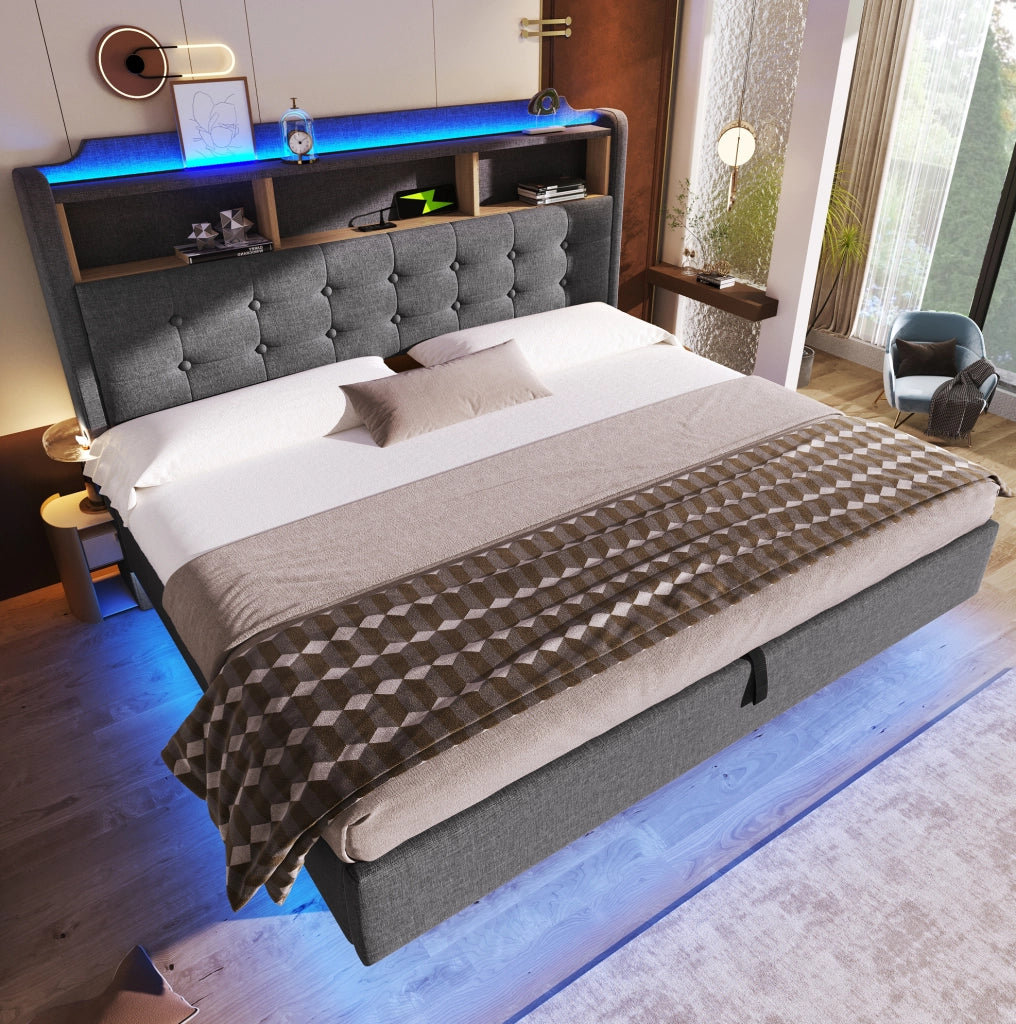 Letto imbottito 180x200 cm con LED; contenitore idraulico; USB e Type-C; lino; grigio
