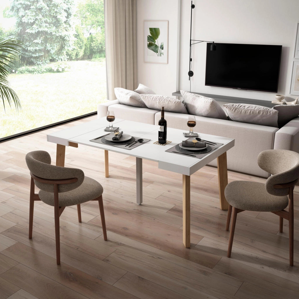 Consolle allungabile, 160x90x73cm, Per 8 persone, Gambe in legno, Bianco RF3039