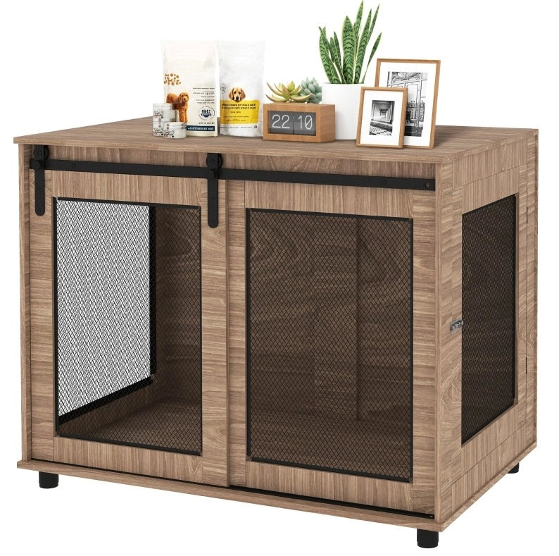 Gabbia per cani 98x60x78 cm con porta scorrevole in legno noce