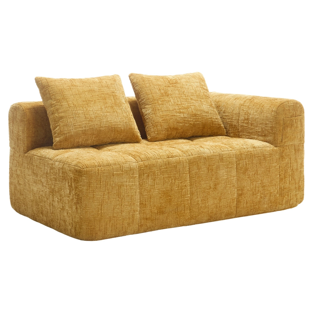 Divano chaise lounge a 2 posti in chenille giallo con tasche laterali e cuscino, 158×90×60 cm