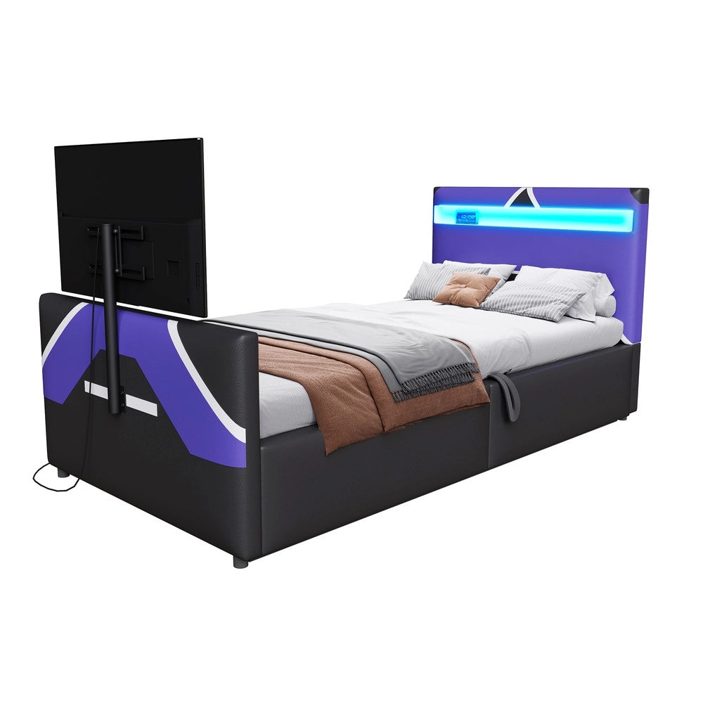Letto Singolo Gaming 90x200 con LED, Contenitore Idraulico e Supporto TV ¨C Xylo ¨C PU Nero