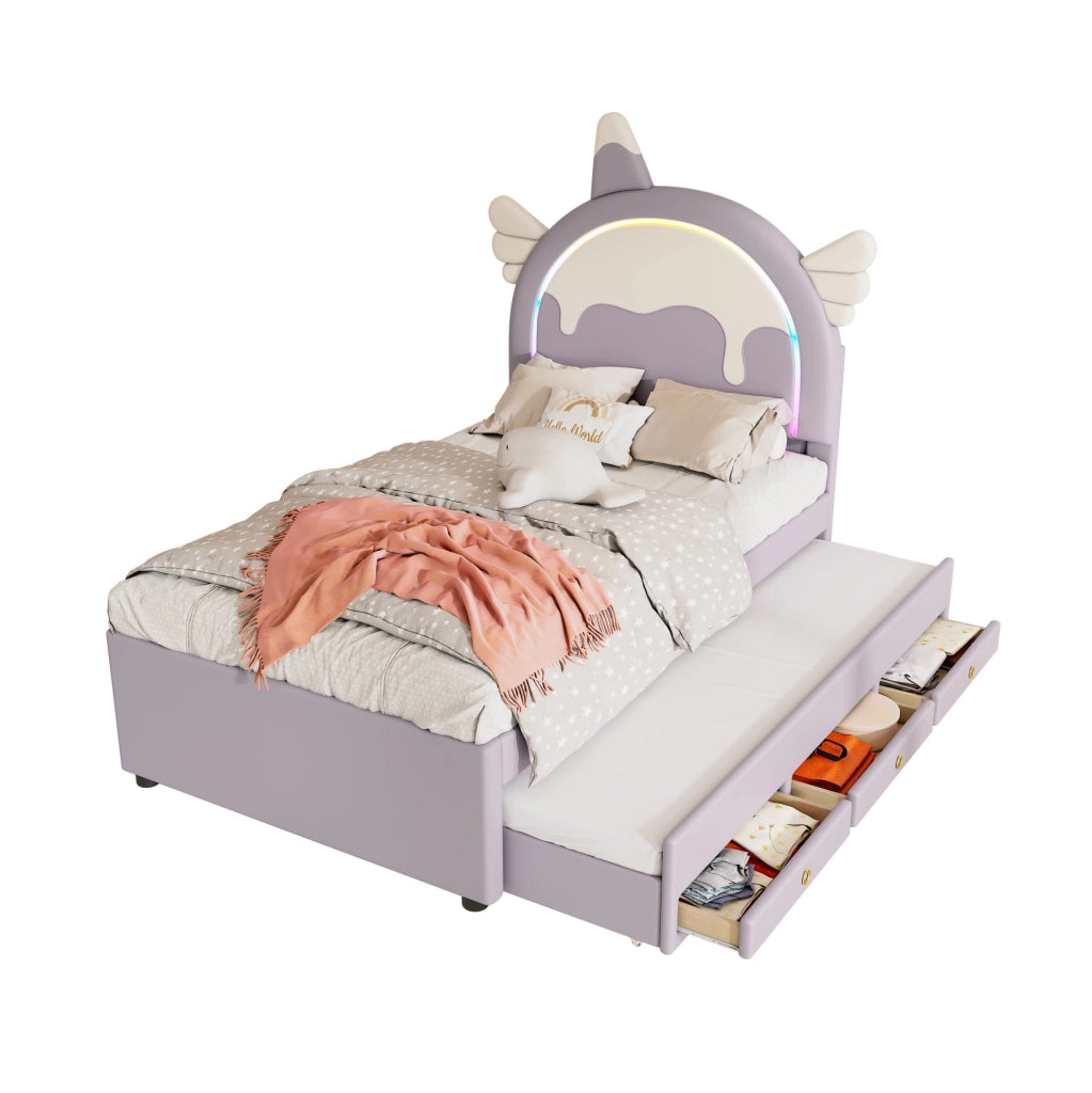 Letto per bambini 90x200 cm con letto estraibile e cassetti; PU e MDF; viola