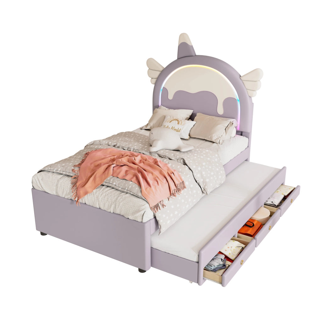 Letto per bambini 90x200 cm con letto estraibile e cassetti; PU e MDF; viola
