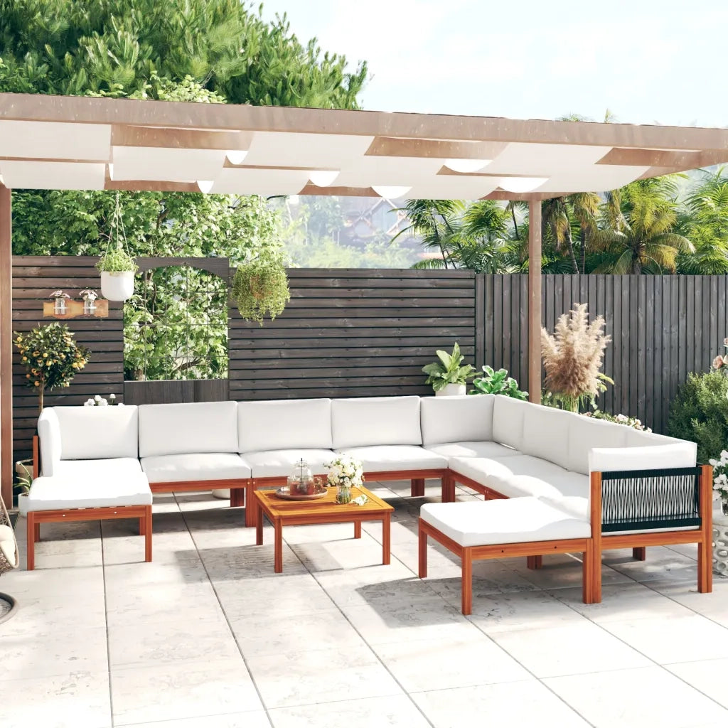 Set da giardino 11 pezzi con cuscini in legno di acacia e corda color crema 3057893