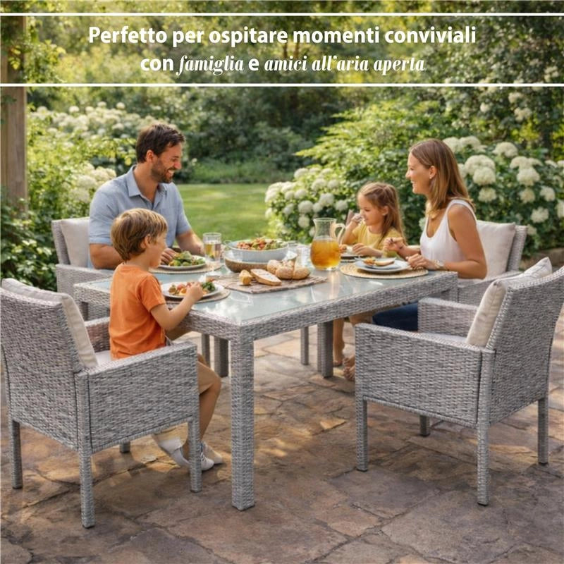 TAVOLO AZORE IN ACCIAIO E WICKER GRIGIO CHIARO 150 X 90CM