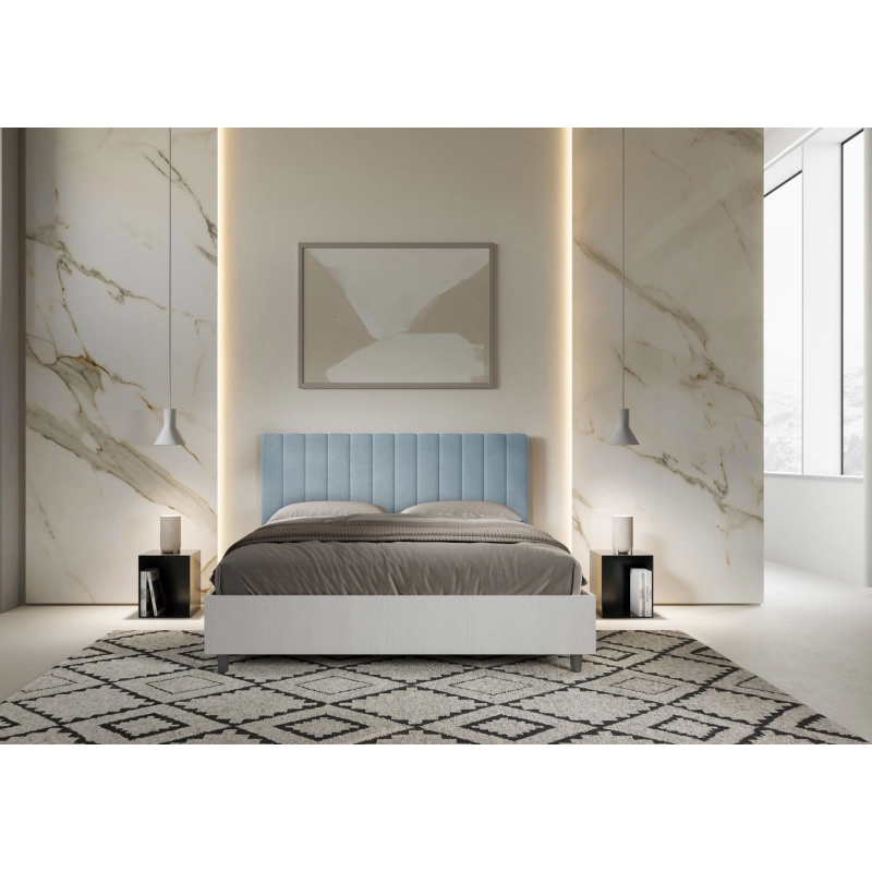 Letto Matrimoniale 160x200 cm struttura bianco frassino testata Kaia - Senza rete,Microfibra,Azzurro