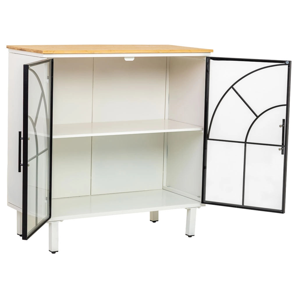 Credenza in vetro, metallo e legno, 2 ante, bianco81x35,5x80h cm