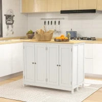 Isola Cucina con 2 Sgabelli, Piano Lavoro Ribaltabile, 2 Armadietti con 4 Porte, Design Moderno, Bianco