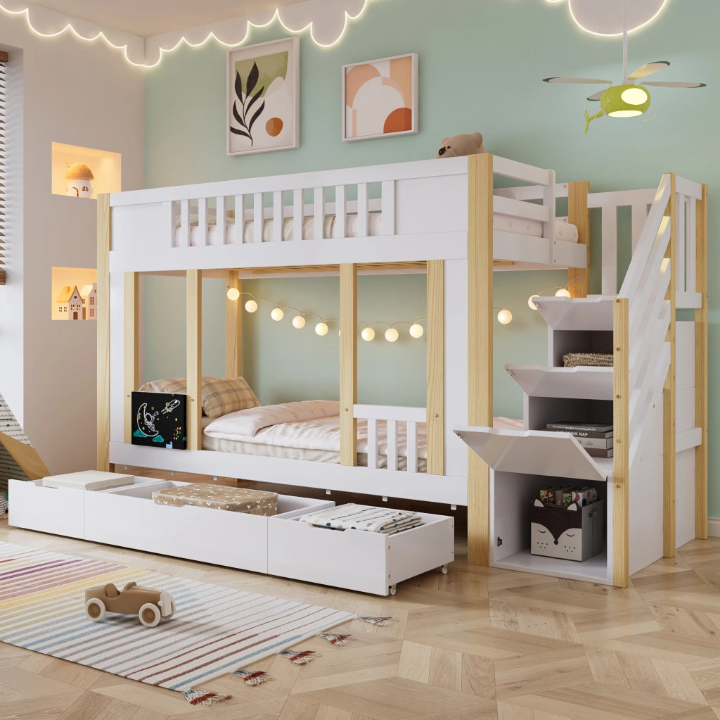 Letto a castello per bambini 90x200 cm con scala contenitore e 3 cassetti