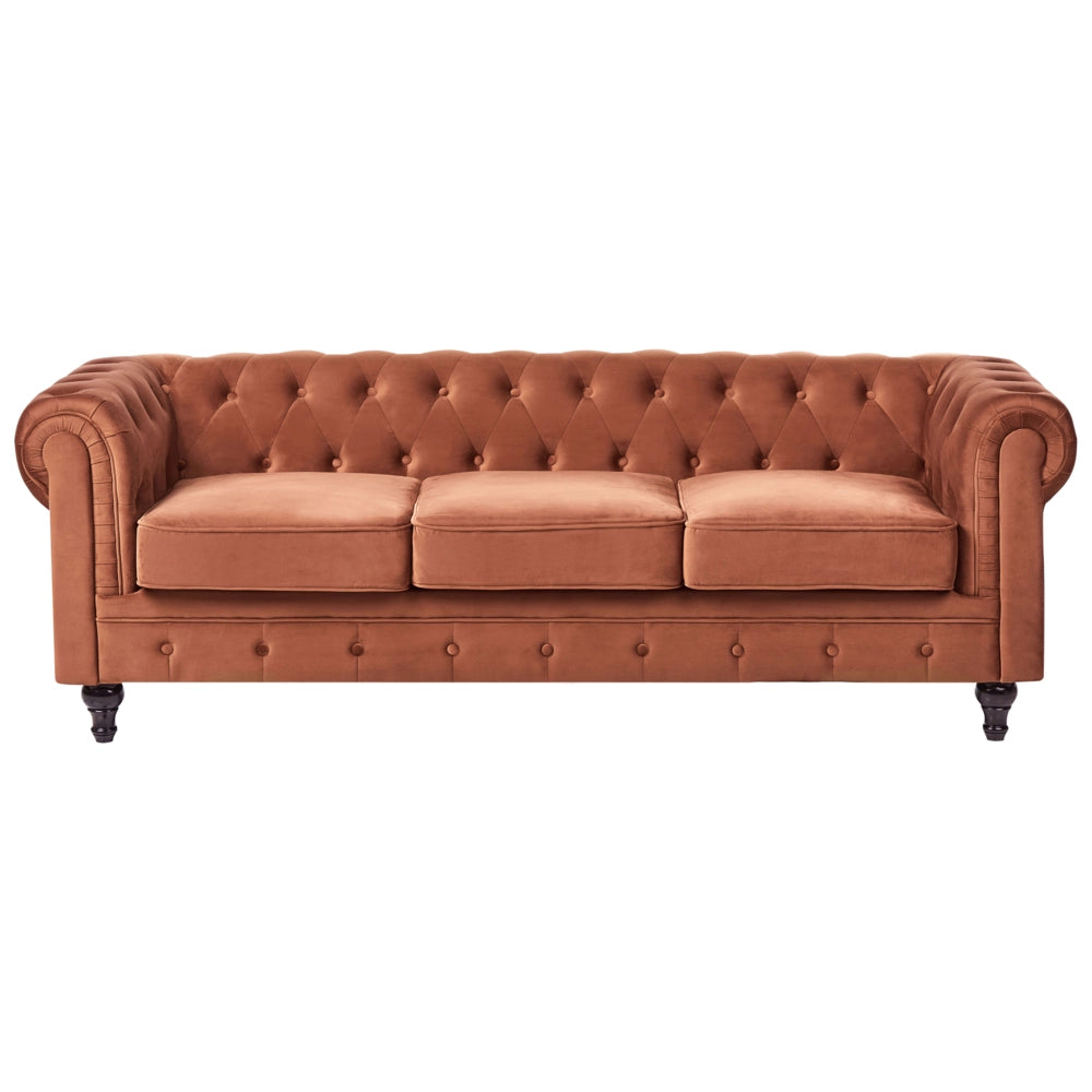 Set soggiorno Chesterfield Rivestimento in velluto marrone dorato Gambe nere Divano a 3 posti + poltrona