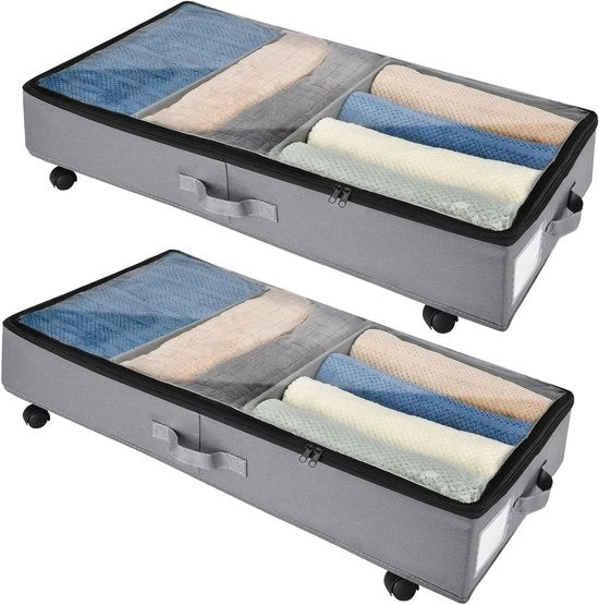 Commode da letto 2 pezzi con ruote 360° rotazione e telaio metallico cassetto pieghevole per stoffe, abiti, scarpe e coperte