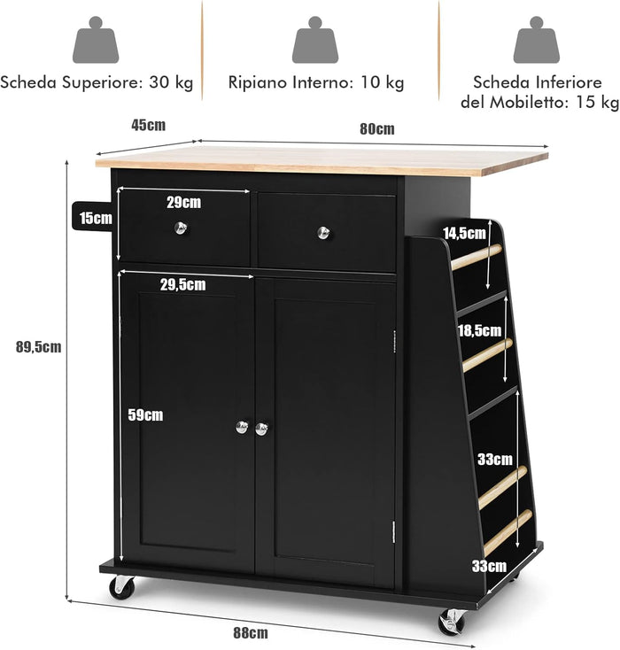 Carrello Cucina con Ruote, Carrello di Servizio con 2 Cassetti e Portaspezie, Portasciugamani e 2 Porte, Ideale per Casa Ristorante e Bar, 88x45x89,5 cm (Nero)