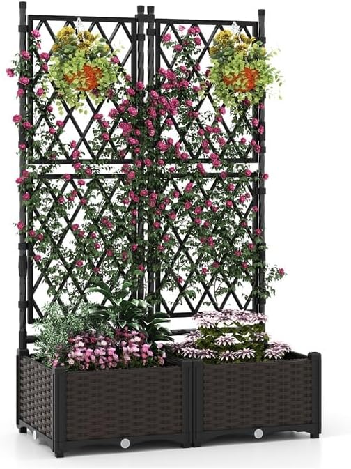 Letto da Giardino Rialzato in Metallo, Orto Rialzato Alto con Tralicci e Drenaggio per Fiori, Ortaggi e Erbe Aromatiche, Cassoni Orto Verticale per Giardino, Terrazzo e Balcone