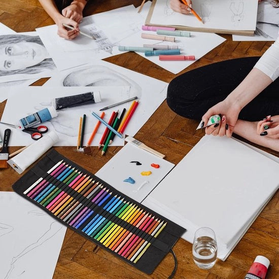 Tas per disegno a 108 sloti, fodera in tela canvas, nera, rullo per disegno con sloti per matite colorate, contenitore per matite colorate con chiusura per studenti di arte, senza matite nera