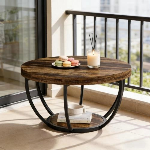 Tavolino basso rotondo a 2 livelli con piano in legno e base in metallo, stile rustico, per soggiorno e ufficio