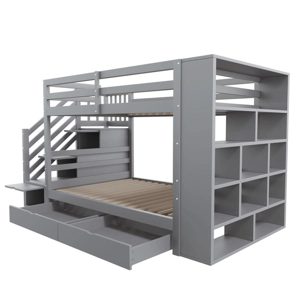 Letto a castello ULEVR 90x200 cm grigio con scala contenitore, 2 cassetti e vano laterale
