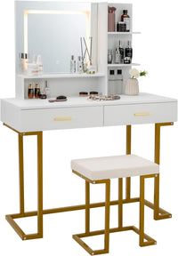 Postazione Trucco con Luci e Sgabello, Tavolo da Trucco con Specchiera e 2 Cassetti, Scaffali Portaoggetti, Stile Moderno, per Camera da Letto, Bianco