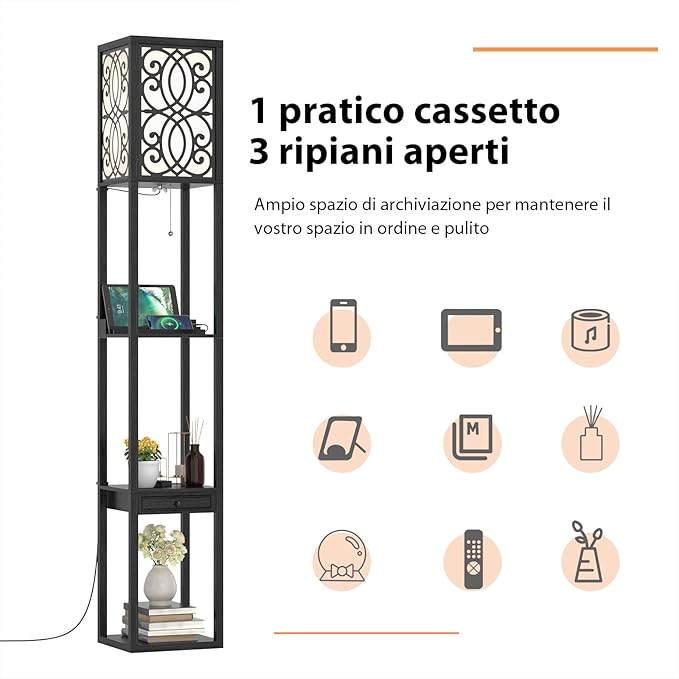 Lampada a Stelo con Ripiani e Cassetto, Lampada a Piantana Moderna con 2 Porte USB, Lampada da Terra per Salone e Camera da Letto, 26 x 26 x 160,5 cm (Modello 2)