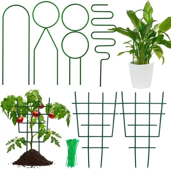 Supporto per piante in metallo per giardino - 4 pezzi con supporto per piante in plastica - 30 pezzi di corda per piante - Supporto per piante da giardino da assemblare - Trellis per piante da interni