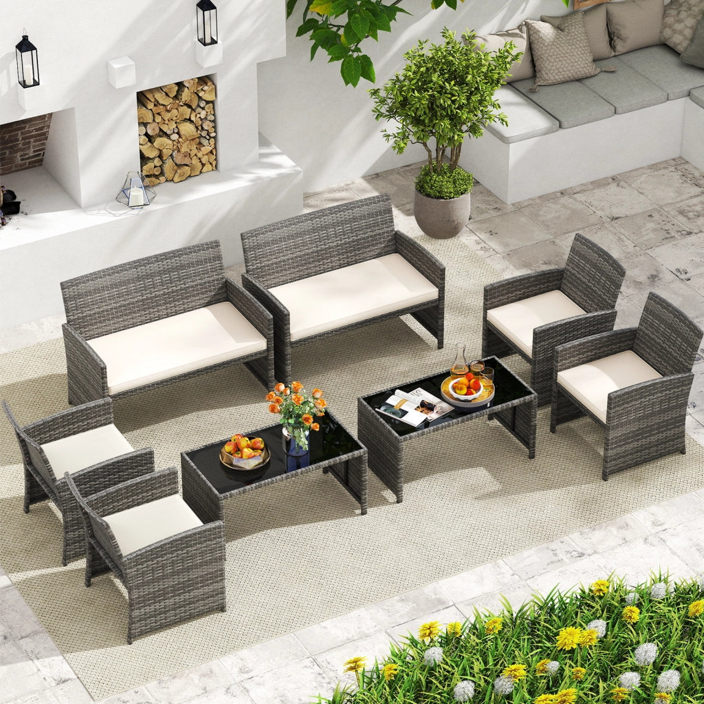 Set conversazione patio 4 pezzi in vimini con cuscini e vetro temperato, Mobili da esterno per giardino veranda balcone Bianco