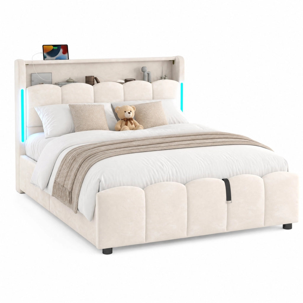 Letto imbottito 140x200 cm con contenitore; LED; USB e Type-C; velluto beige