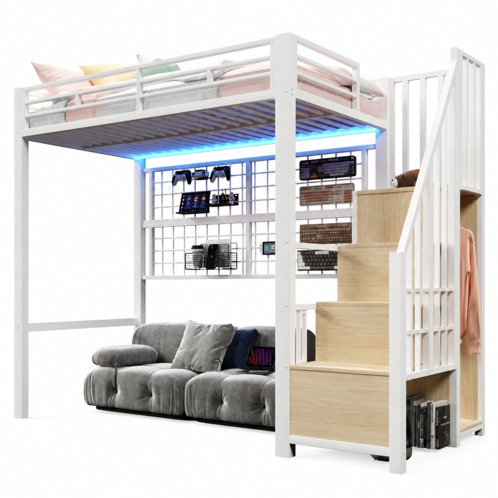 Letto a soppalco 90x200 cm bianco metallo e MDF; scala con armadio e LED