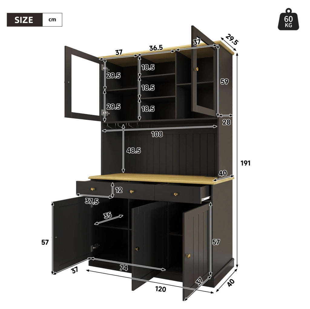 Credenza buffet alta con ante in vetro; cassetto e vano chiuso 120x40x191 cm; nero