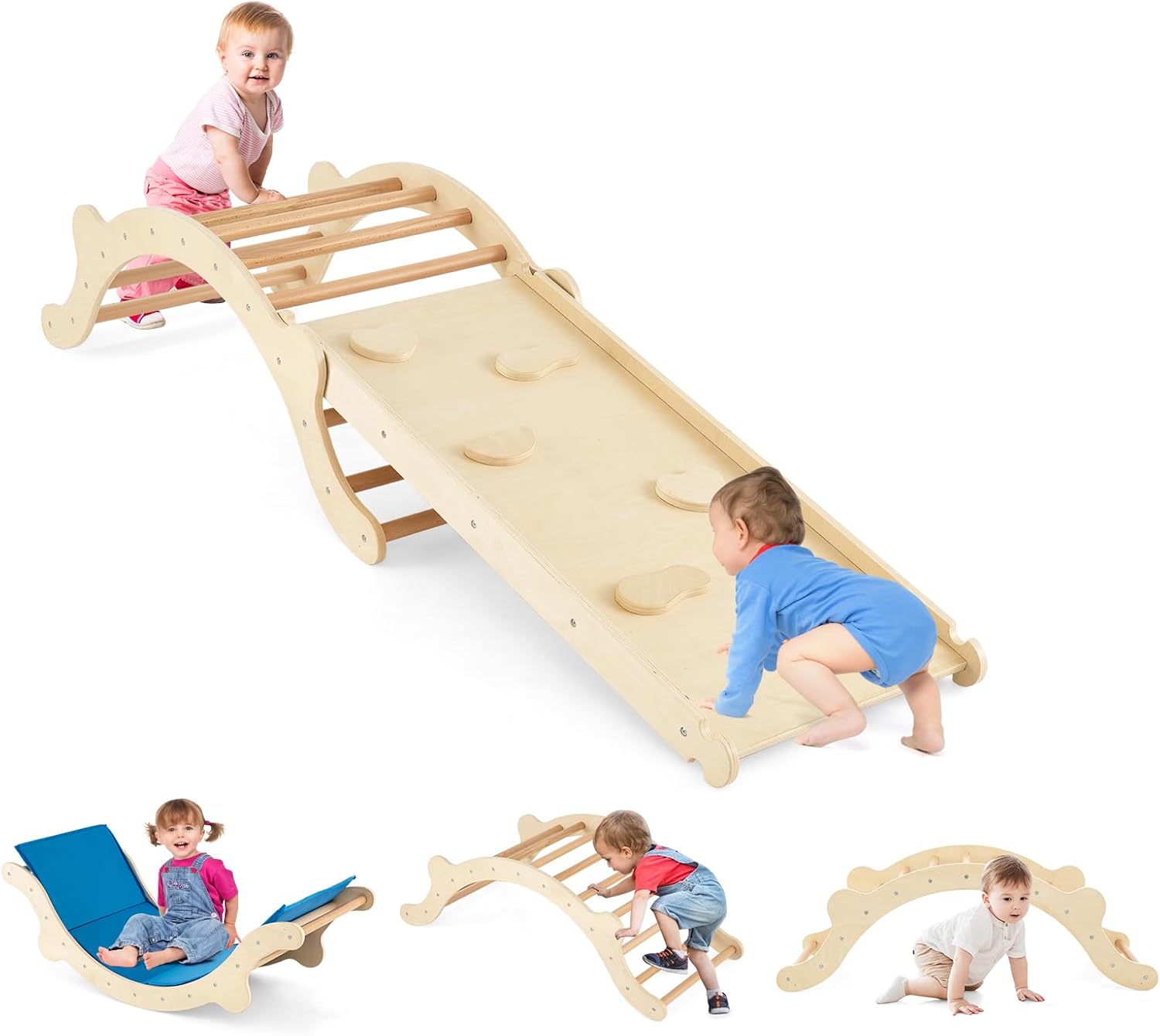 4 in 1 Set da Arrampicata per Bambini, Scala Giochi Arrampicata con Tappetino, Scala a Volta Versatile per Arrampicarsi e Scivolare, Carico 60 kg (Naturale)