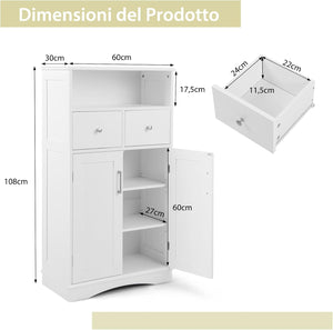 Armadio da Terra con 2 Porte, Mobile da Bagno con 2 Cassetti e 2 Ripiani Regolabili, Mobiletto Multifunzionale per Bagno Cucina e Soggiorno, 60x30x108 cm (Bianco)