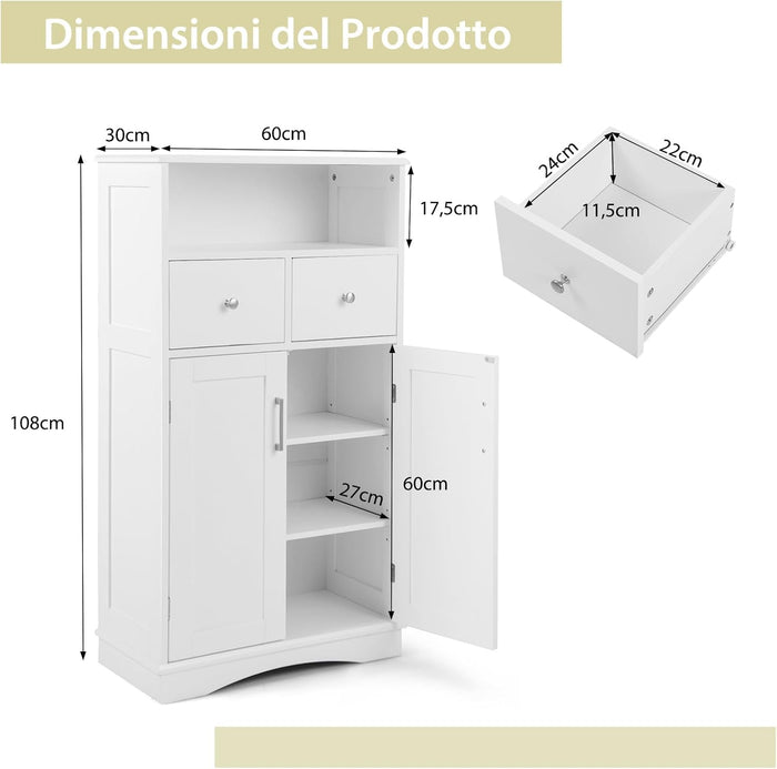 Armadio da Terra con 2 Porte, Mobile da Bagno con 2 Cassetti e 2 Ripiani Regolabili, Mobiletto Multifunzionale per Bagno Cucina e Soggiorno, 60x30x108 cm (Bianco)