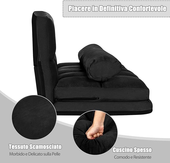 Divano Letto da Terra con 2 Cuscini, Divano Letto Pieghevole con Schienale Regolabile a 6 Livelli, Ideale per Camera da Letto e Soggiorno (Nero)