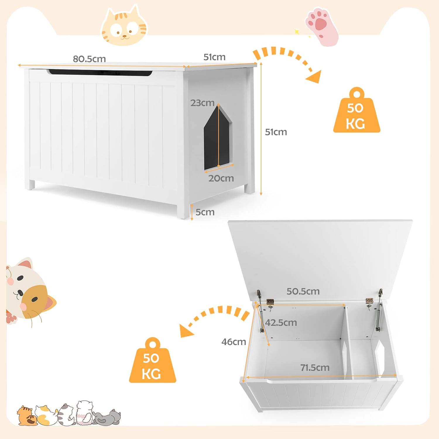 Mobile per Lettiera Gatti, con Apertura Superiore, Divisorio Rimovibile, Asta a Gas e Ganci in Metallo, Mobiletto Multiuso per Ingresso e Soggiorno, 82,5 x 51 x 51 cm, Carico Massimo 50 kg