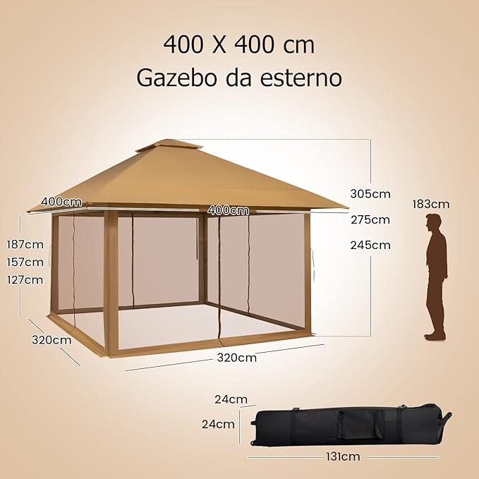 Gazebo Pieghevole da Giardino 4 x 4 m, Altezza Regolabile, Gazebo Pop-up con Zanzariera, Borsa di Trasporto, Doppio Tetto Ventilato e per Giardino Patio e Cortile (Cachi)