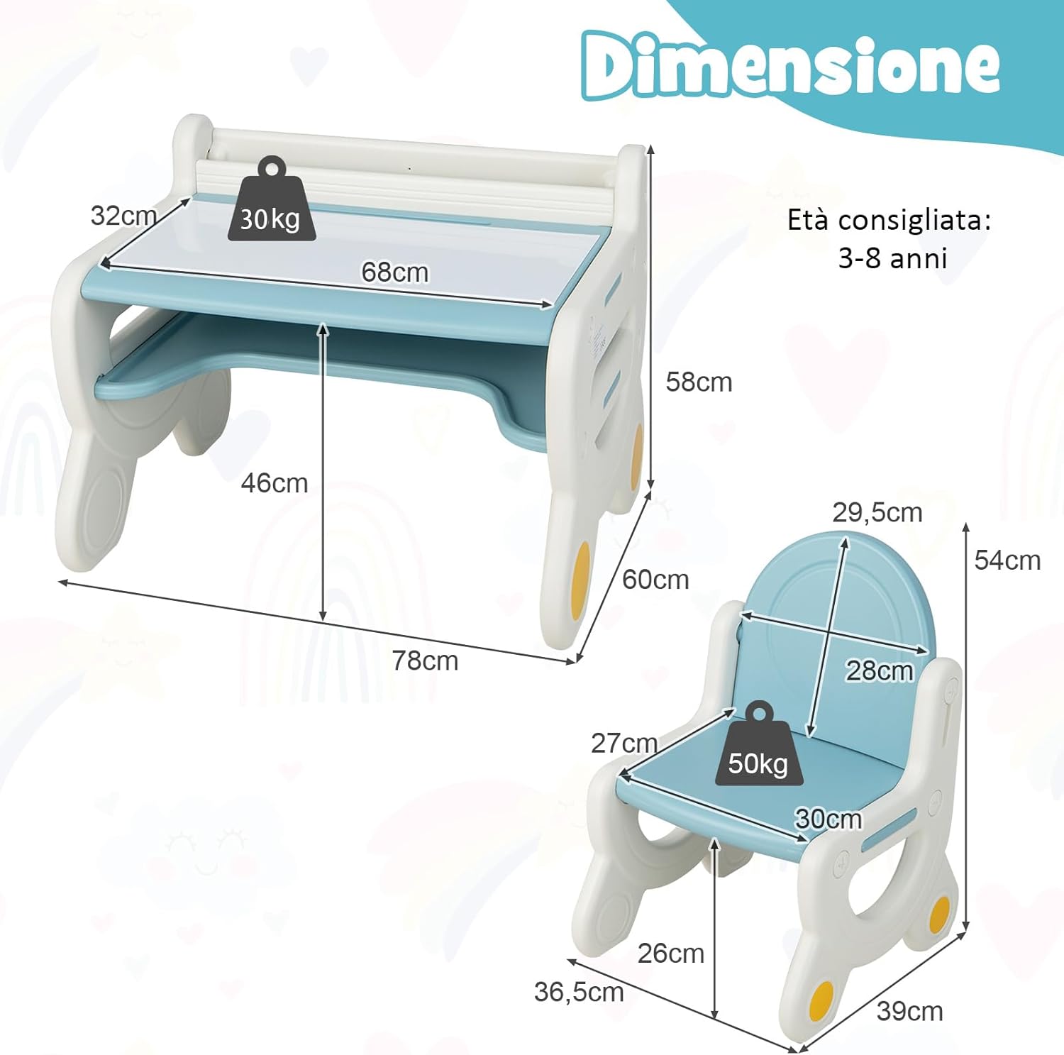 Set Tavolo e sedia per Bambini, Tavolo per Bambini con Sedia, Tavolo da Disegno Cancellabile e Ripiano, per Disegnare, Leggere, Giocare, Ideale per Bambini 3-8 Anni (Blu)
