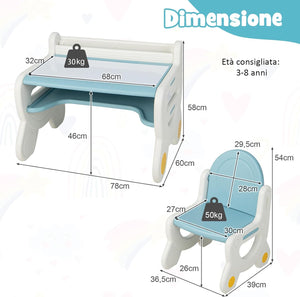 Set Tavolo e sedia per Bambini, Tavolo per Bambini con Sedia, Tavolo da Disegno Cancellabile e Ripiano, per Disegnare, Leggere, Giocare, Ideale per Bambini 3-8 Anni (Blu)