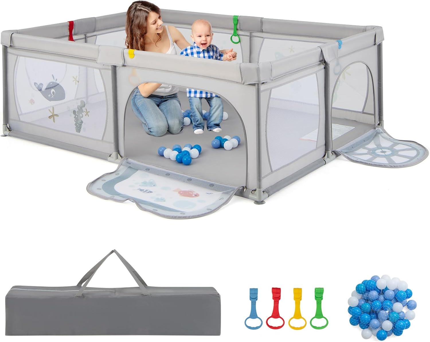 Recinto per Bambini, Box per Bambini con Rete Traspirante, Centro Attività per Bambini con 50 Palline, Box Giochi per Bambini 0-3 Anni (Mondo Sottomarino, 206 x 147 cm)