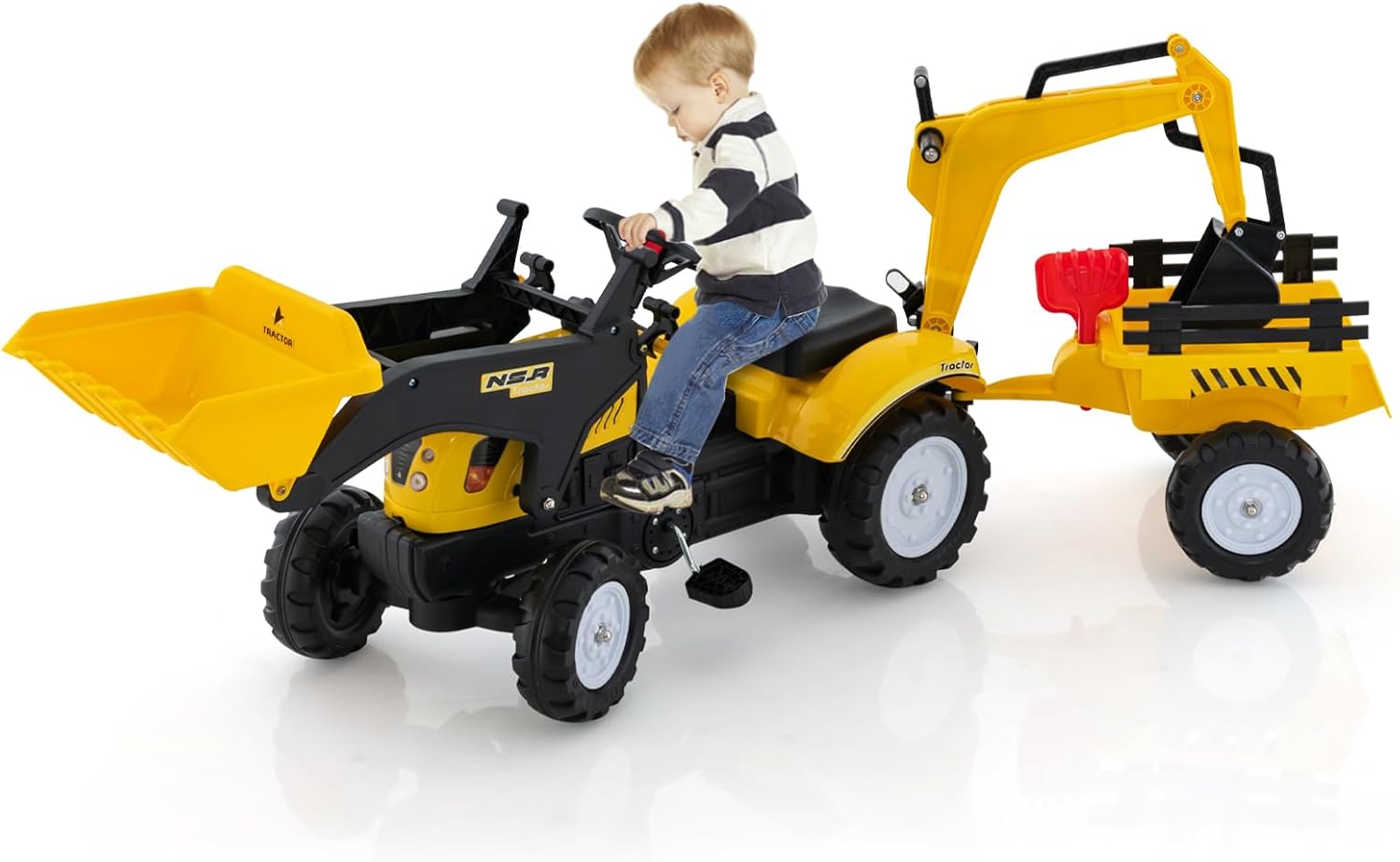 3 in 1 Escavatore per Bambini, Trattore con Rimorchio Staccabile Cavalcabile per Bambini, con 6 Ruote e 2 Benne, per Bambini 3-6 Anni (Giallo)
