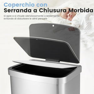 50L Cestino Automatico, Pattumiera Rettangolare con Sensore di Movimento Infrarosso, Coperchio a Chiusura Lento e Scatole di Carbonio Attivo, in Acciaio Inossidabile, 39x29,5x82 cm