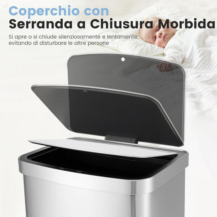 50L Cestino Automatico, Pattumiera Rettangolare con Sensore di Movimento Infrarosso, Coperchio a Chiusura Lento e Scatole di Carbonio Attivo, in Acciaio Inossidabile, 39x29,5x82 cm