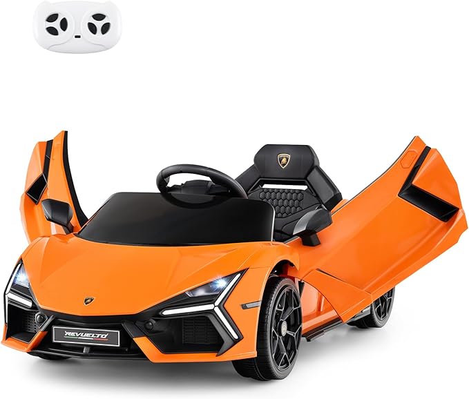 Lamborghini 12V Auto Elettrica per Bambini, Veicolo Elettrico Cavalcabile con Telecomando Luci LED Musica, 3-5 Km/h, per Bambini 37-95 Mesi (Arancia)