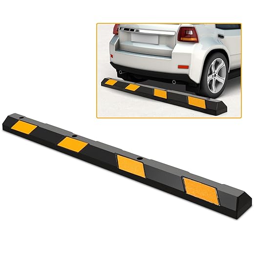 Fermaruote in Gomma per Parcheggi e Garage, Ferma Ruote con Strisce Riflettenti Gialle Capacità di Carico di 4 Ton, Barriera Parcheggio per Auto e Camion 183 x 15 x 10 cm, Nero e Giallo