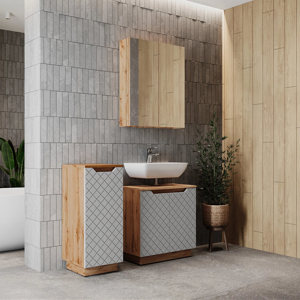 Vicco Set di mobili da bagno Rovere/grigio con struttura in piastrelle 3 parti