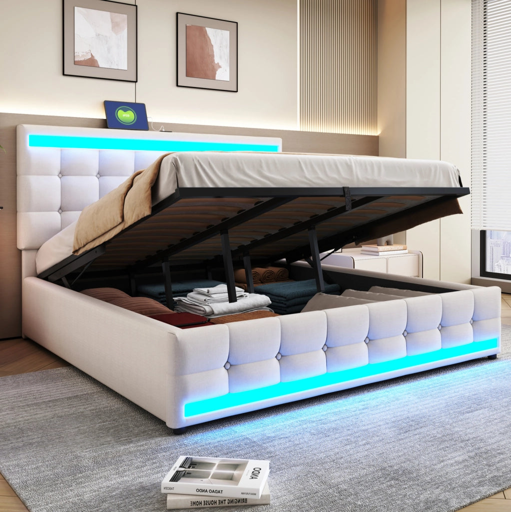 Letto matrimoniale imbottito 180x200 cm con LED RGB; USB e testiera regolabile; beige