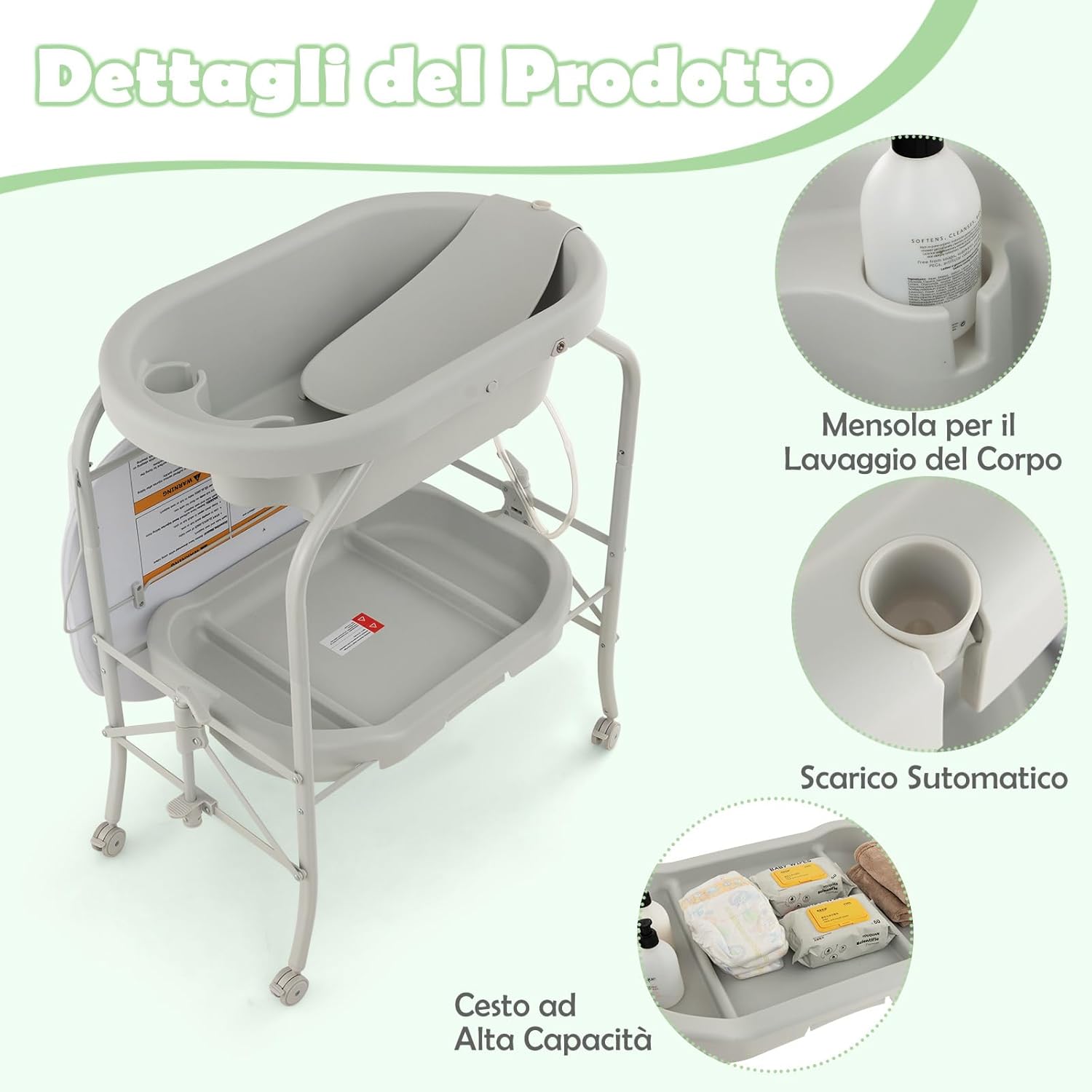 Fasciatoio con Vaschetta da Bagno per Neonati, Fasciatoio Pieghevole Salvaspazio con Materassino in PVC e Ruote, per Bambini 0-12 Mesi, Portata 15kg+35 kg (Grigio Chiaro)