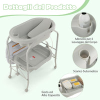 Fasciatoio con Vaschetta da Bagno per Neonati, Fasciatoio Pieghevole Salvaspazio con Materassino in PVC e Ruote, per Bambini 0-12 Mesi, Portata 15kg+35 kg (Grigio Chiaro)
