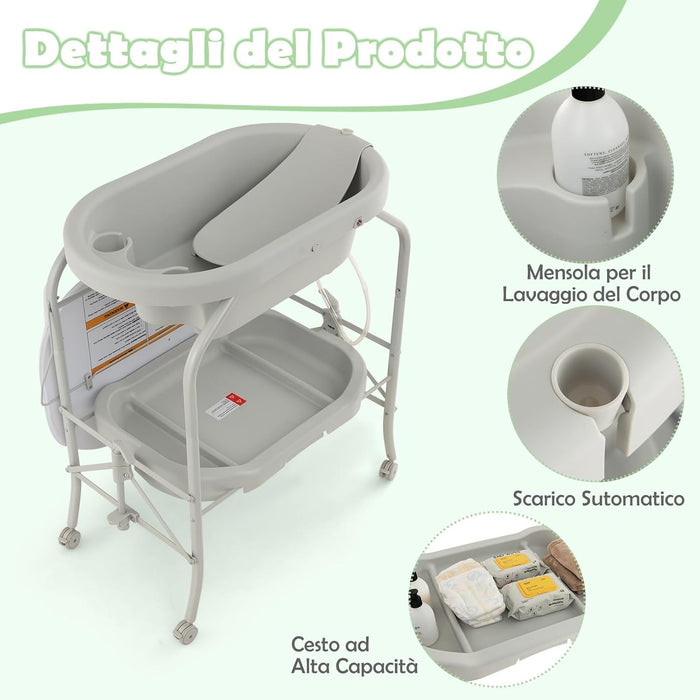 Fasciatoio con Vaschetta da Bagno per Neonati, Fasciatoio Pieghevole Salvaspazio con Materassino in PVC e Ruote, per Bambini 0-12 Mesi, Portata 15kg+35 kg (Grigio Chiaro)