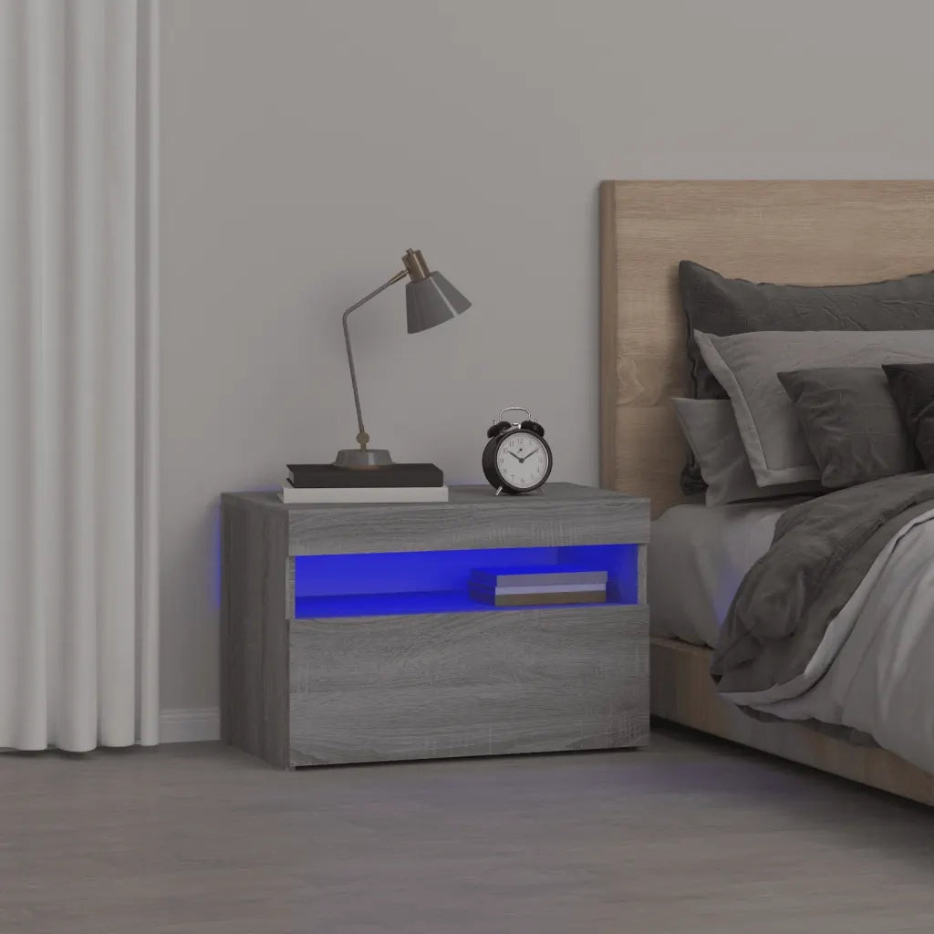 Comodino con Luci LED-Tavolino da notte Grigio Sonoma 60x35x40 cm