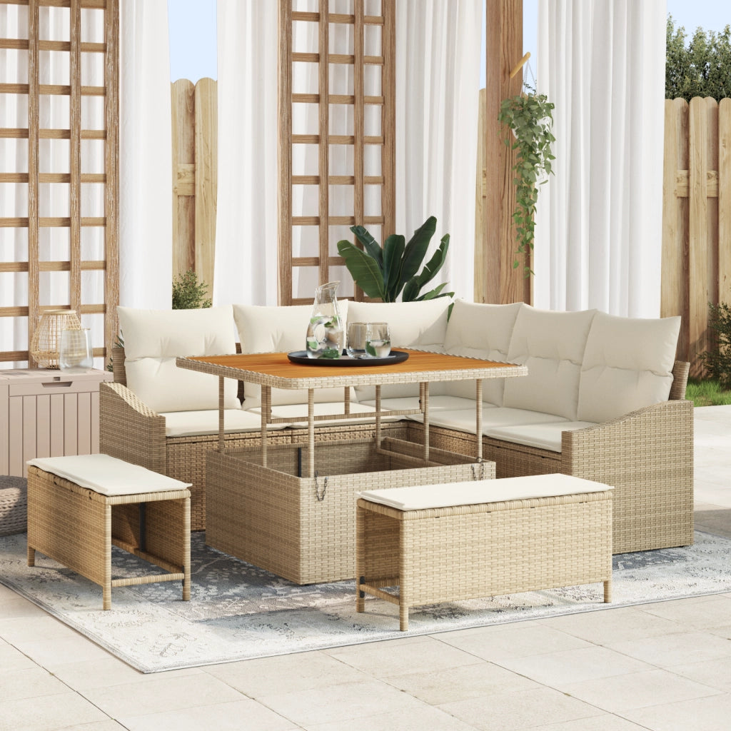 Set Divano da Giardino da 8 Pezzi con Cuscini Beige Polyrattan Acacia