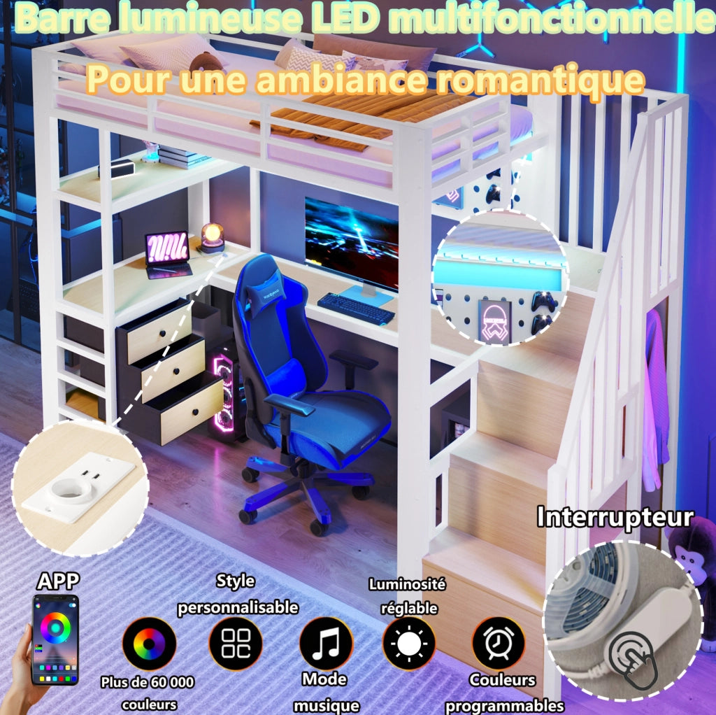 Letto a soppalco ULEVR 90x200 cm con scrivania, 3 cassetti, mensole, presa e LED dimmerabile, bianco